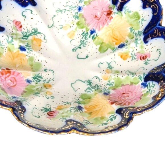 Vintage Hand-Painted Floral Porcelain Bowl: Cobalt Blue & Gold Trim - Picture 3 of 7